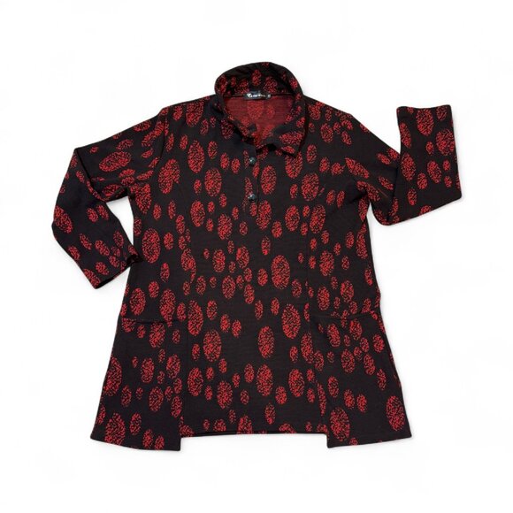 Creation Red & Black Long Sleeve Collared Ribbed Knit Tunic Women's XL - Picture 5 of 11